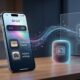 A conceptual image of an iPhone running iOS 27, showing a dark-mode Siri 'Ask' bar with a colorful waveform, alongside icons for custom Wallet passes and camera settings. Glowing data streams connect the iPhone to a stylized speaker and screen, representing native Google Cast support.