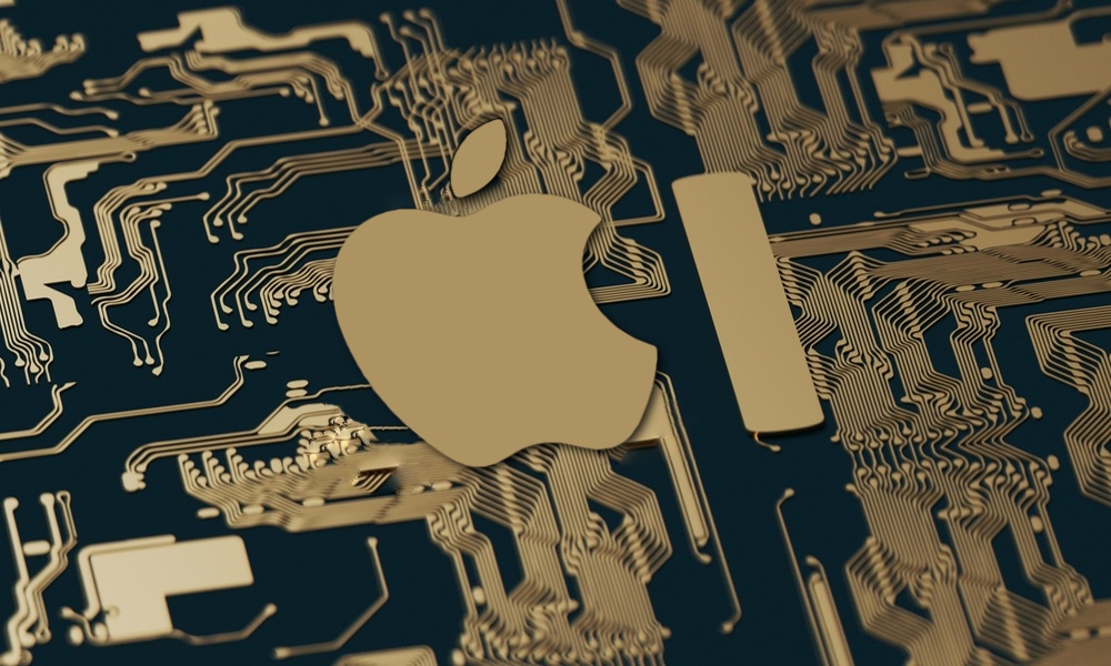 Apple AI logo on dark gold circuitboard