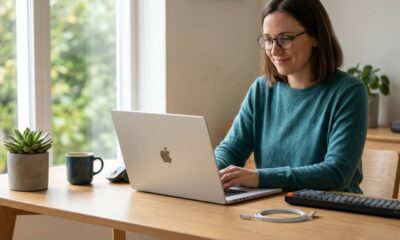 A woman working on a silver MacBook at a bright wooden desk, with a wireless keyboard, mouse, and an unplugged USB-C charging cable nearby, illustrating portable laptop battery usage.