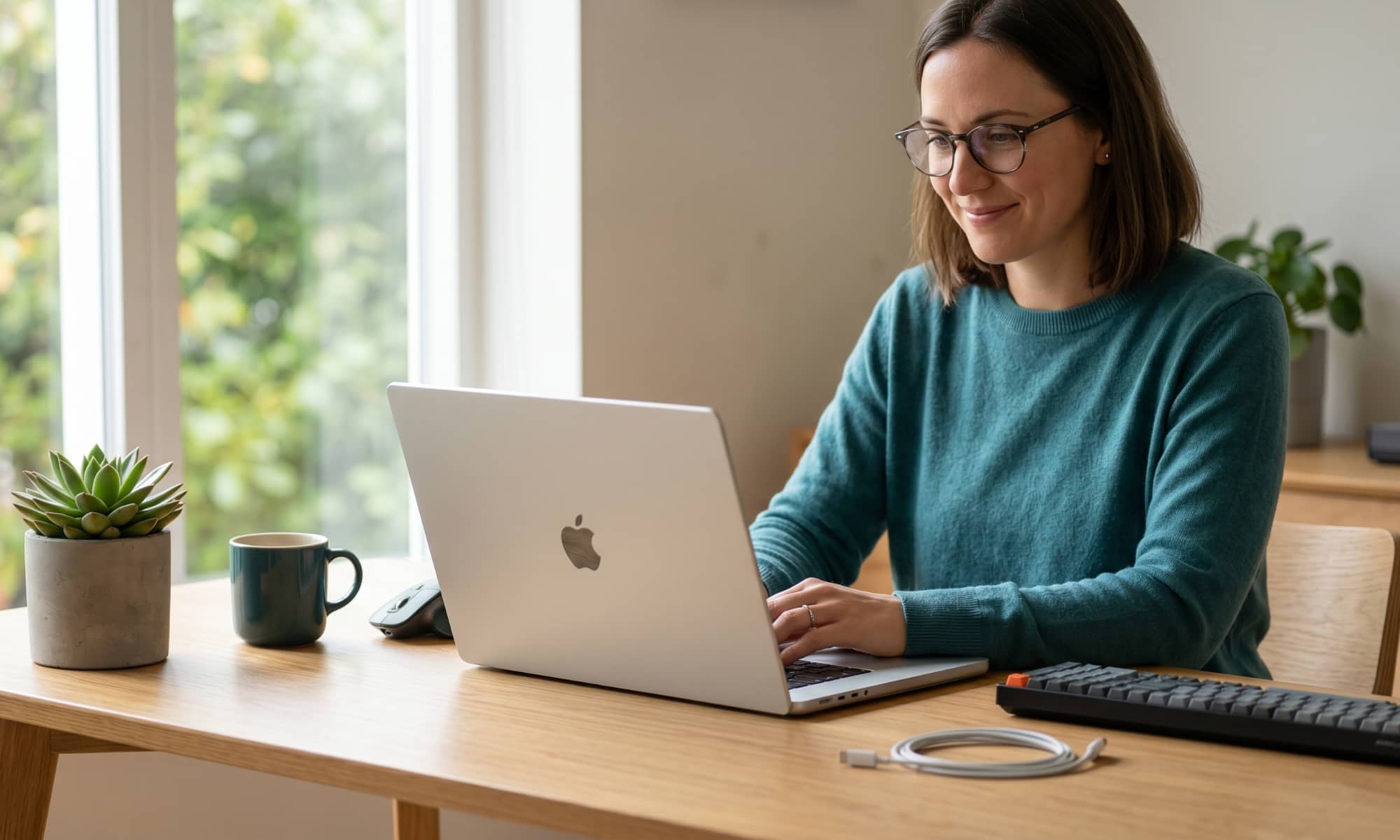 A woman working on a silver MacBook at a bright wooden desk, with a wireless keyboard, mouse, and an unplugged USB-C charging cable nearby, illustrating portable laptop battery usage.