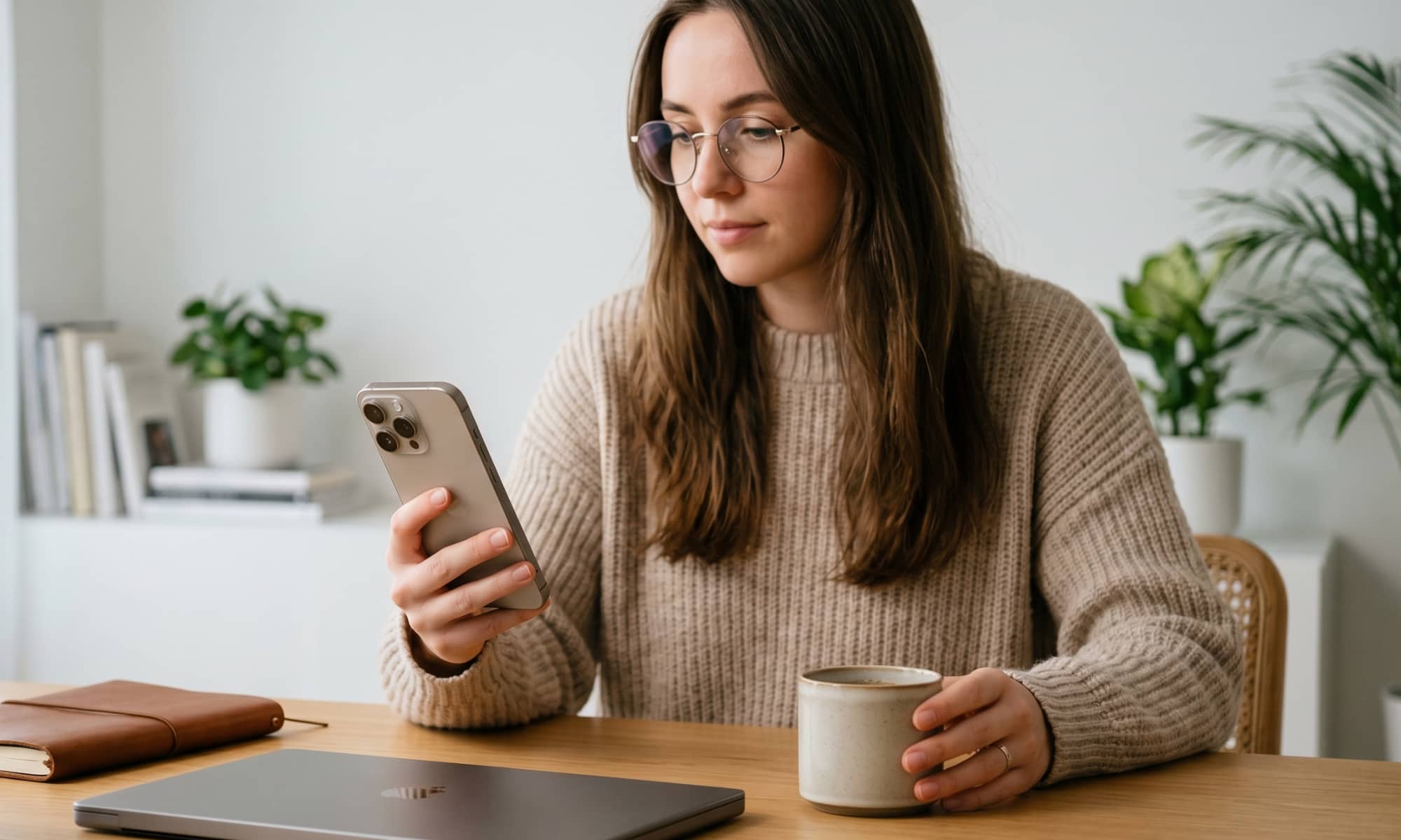 A young woman calmly focuses on her customized 'Work' Lock Screen on an iPhone 17 Pro, sitting at a clean light oak desk in a bright home office with a coffee mug, MacBook, and notebook. The background is a soft bokeh.