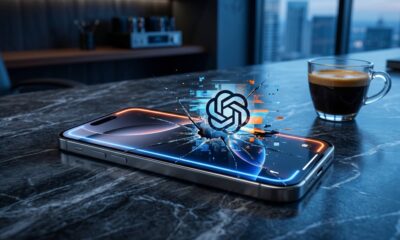 A conceptual image showing an iPhone with a glitching Apple Intelligence interface, symbolizing the legal tension between Apple and OpenAI.
