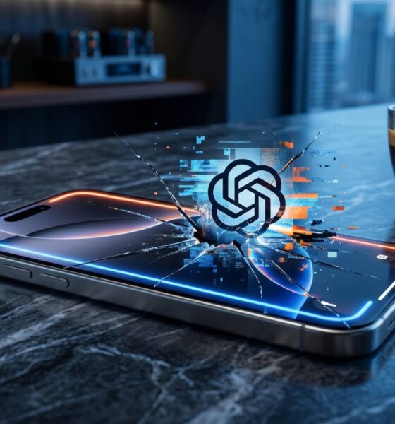 A conceptual image showing an iPhone with a glitching Apple Intelligence interface, symbolizing the legal tension between Apple and OpenAI.