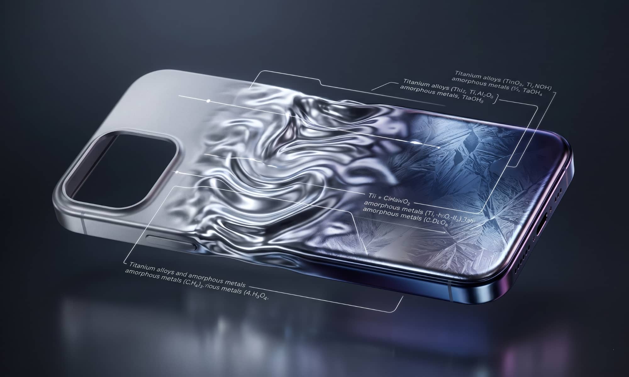 A conceptual 3D render showing an abstract iPhone frame transitioning from aluminum into a swirling liquid metal on one side and an advanced titanium alloy on the other, symbolizing Apple's search for new materials.