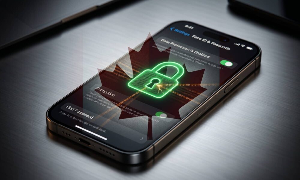A dramatic, low-key photograph of an iPhone 17 Pro on a brushed titanium surface, displaying the 'Data Protection is Enabled' setting. A subtle, glowing red maple leaf and a green digital padlock icon are overlaid, visually representing the conflict between Canadian legislation and Apple's encryption.