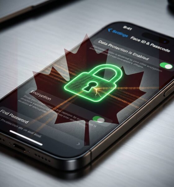 A dramatic, low-key photograph of an iPhone 17 Pro on a brushed titanium surface, displaying the 'Data Protection is Enabled' setting. A subtle, glowing red maple leaf and a green digital padlock icon are overlaid, visually representing the conflict between Canadian legislation and Apple's encryption.