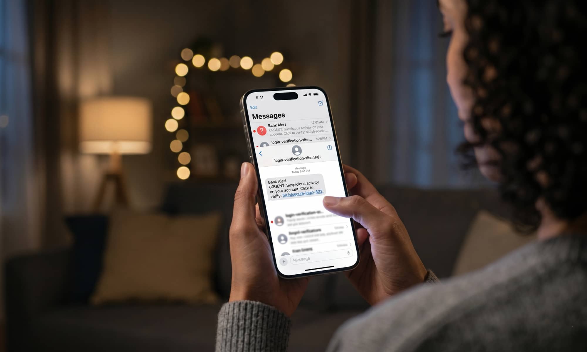 An over-the-shoulder view of a woman holding an iPhone displaying a fraudulent 'Bank Alert' text message with an urgent request to click a suspicious link.