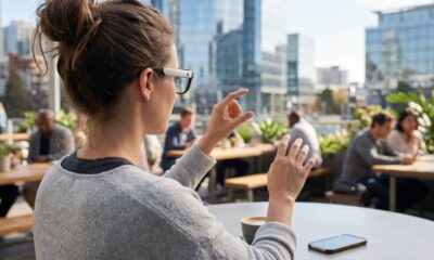 An over-the-shoulder view of a woman wearing minimalist AR smart glasses at an outdoor city cafe patio. She performs a pinch gesture, interacting with holographic user interface icons floating in the air before her. A smartphone rests on the table next to a coffee cup.