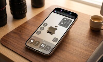 An iPhone rests on a wooden desk mat, displaying a concept rendering of the iOS 27 modular Camera app interface. The screen shows rearranged floating widgets for ISO, Exposure, Aperture, and Flash, alongside a visualization for 'Siri: Camera Visual Intelligence Mode' in the Dynamic Island. The viewfinder focuses on a classic Apple logo, demonstrating deep customizability.