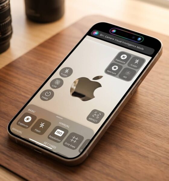 An iPhone rests on a wooden desk mat, displaying a concept rendering of the iOS 27 modular Camera app interface. The screen shows rearranged floating widgets for ISO, Exposure, Aperture, and Flash, alongside a visualization for 'Siri: Camera Visual Intelligence Mode' in the Dynamic Island. The viewfinder focuses on a classic Apple logo, demonstrating deep customizability.