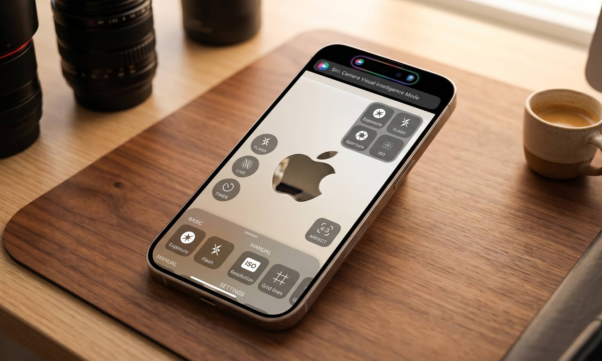An iPhone rests on a wooden desk mat, displaying a concept rendering of the iOS 27 modular Camera app interface. The screen shows rearranged floating widgets for ISO, Exposure, Aperture, and Flash, alongside a visualization for 'Siri: Camera Visual Intelligence Mode' in the Dynamic Island. The viewfinder focuses on a classic Apple logo, demonstrating deep customizability.