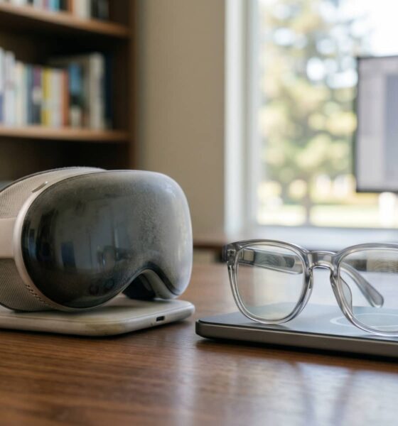 A focused photograph on a desk in a home office, showing a dusty, neglected Apple Vision Pro M5 headset with a fine layer of settled grey particles, sitting next to a pristine, clean pair of crystal-clear smart glasses prototypes resting on a charging mat.