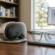A focused photograph on a desk in a home office, showing a dusty, neglected Apple Vision Pro M5 headset with a fine layer of settled grey particles, sitting next to a pristine, clean pair of crystal-clear smart glasses prototypes resting on a charging mat.