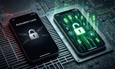 Two iPhones resting on a dark technical circuit board. The left iPhone screen displays an Apple Activation Lock prompt with a silver padlock wrapped in digital chains. The right iPhone glows with a vibrant green digital matrix pattern, floating dollar signs, and an illuminated unlocked padlock icon, illustrating the black market value difference.