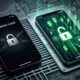 Two iPhones resting on a dark technical circuit board. The left iPhone screen displays an Apple Activation Lock prompt with a silver padlock wrapped in digital chains. The right iPhone glows with a vibrant green digital matrix pattern, floating dollar signs, and an illuminated unlocked padlock icon, illustrating the black market value difference.
