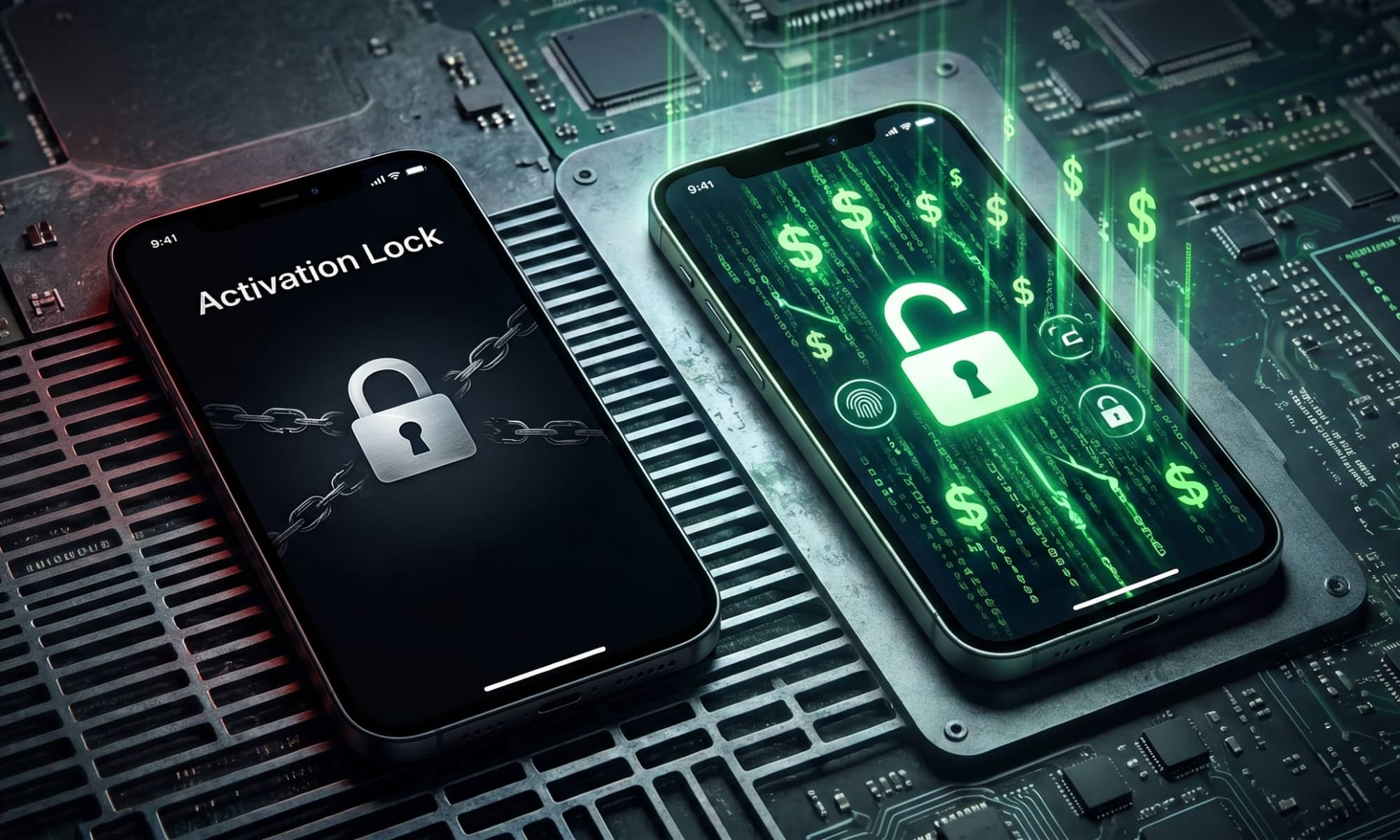 Two iPhones resting on a dark technical circuit board. The left iPhone screen displays an Apple Activation Lock prompt with a silver padlock wrapped in digital chains. The right iPhone glows with a vibrant green digital matrix pattern, floating dollar signs, and an illuminated unlocked padlock icon, illustrating the black market value difference.