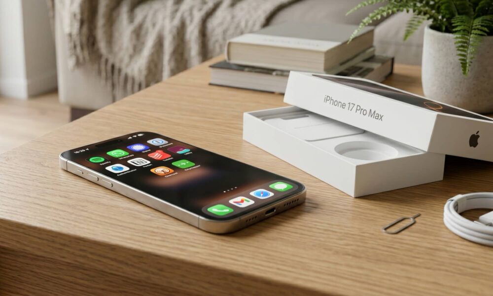 A lifestyle photograph of a newly unboxed iPhone 17 Pro Max on a wooden living room coffee table. The phone shows rows of app icons like Spotify, Signal, and 1Password against a warm living room background.