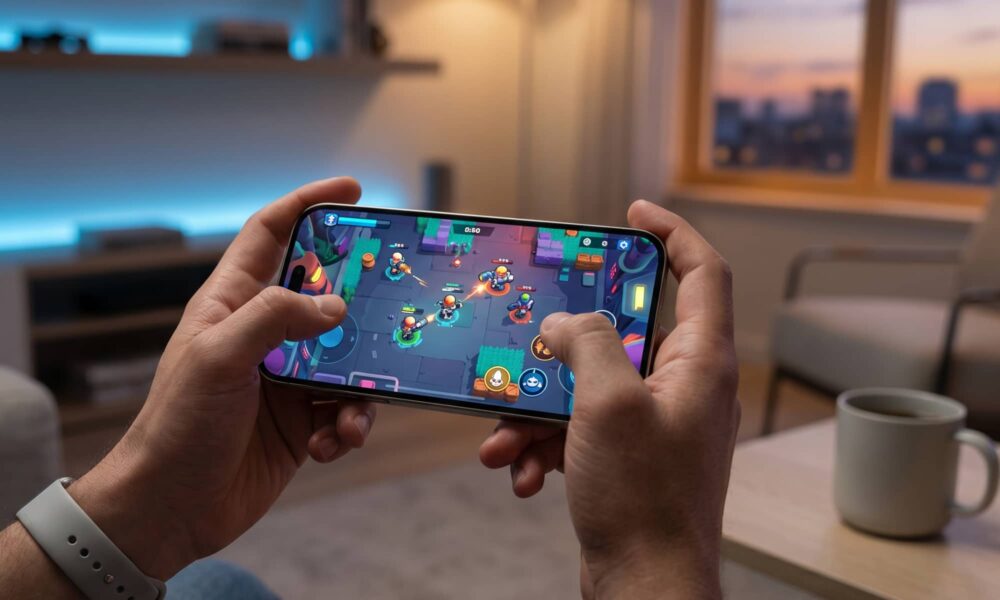 A person playing a vibrant shooting game on a modern titanium iPhone in a stylish, dimly lit room.