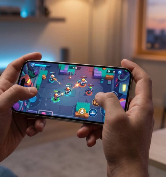A person playing a vibrant shooting game on a modern titanium iPhone in a stylish, dimly lit room.
