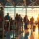 Airport terminal passengers queue for check in and security, travelers waiting to drop off luggage