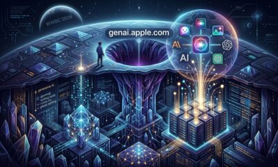 A detailed conceptual landscape illustration depicting the hidden infrastructure behind the "genai.apple.com" subdomain. A small human figure stands on a tech-patterned surface, looking down into a massive, glowing subterranean core of servers, neural pathways, and flowing data streams representing Apple's backend Private Cloud Compute and Apple Intelligence. The entry point node on the surface displays the text "genai.apple.com" in white lowercase font. In the background, a distant planet displays "WWDC 2026." Abstract icons symbolize Siri, third-party AI model integrations (such as Gemini, ChatGPT, Claude), image generation, and writing tools.