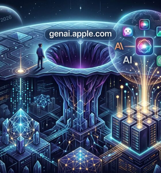 A detailed conceptual landscape illustration depicting the hidden infrastructure behind the "genai.apple.com" subdomain. A small human figure stands on a tech-patterned surface, looking down into a massive, glowing subterranean core of servers, neural pathways, and flowing data streams representing Apple's backend Private Cloud Compute and Apple Intelligence. The entry point node on the surface displays the text "genai.apple.com" in white lowercase font. In the background, a distant planet displays "WWDC 2026." Abstract icons symbolize Siri, third-party AI model integrations (such as Gemini, ChatGPT, Claude), image generation, and writing tools.