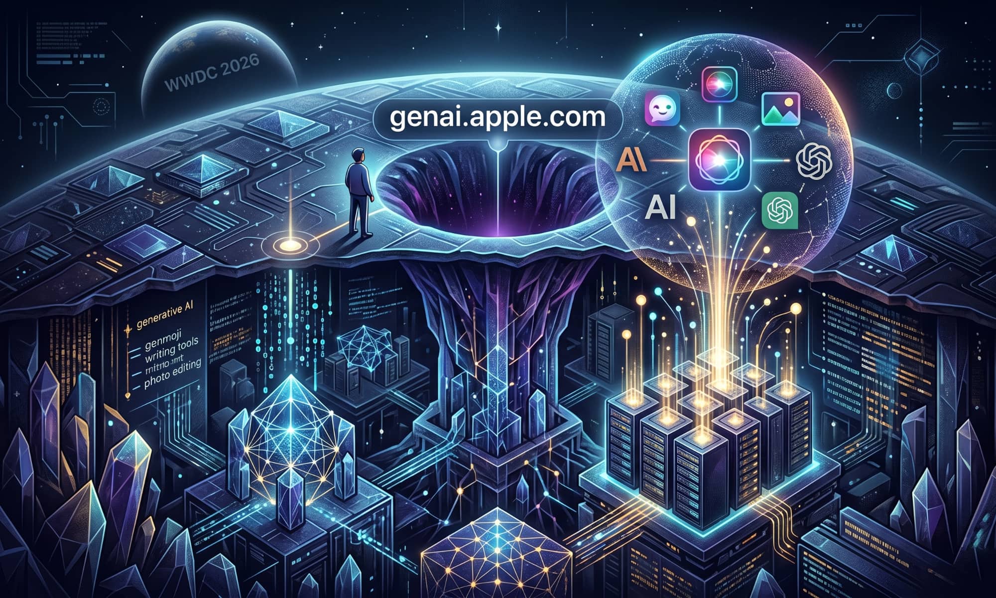A detailed conceptual landscape illustration depicting the hidden infrastructure behind the "genai.apple.com" subdomain. A small human figure stands on a tech-patterned surface, looking down into a massive, glowing subterranean core of servers, neural pathways, and flowing data streams representing Apple's backend Private Cloud Compute and Apple Intelligence. The entry point node on the surface displays the text "genai.apple.com" in white lowercase font. In the background, a distant planet displays "WWDC 2026." Abstract icons symbolize Siri, third-party AI model integrations (such as Gemini, ChatGPT, Claude), image generation, and writing tools.