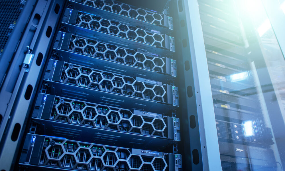 A close-up view of high-performance servers housed in a modern data center, showcasing advanced technology and efficient server management in an organized environment. HPC