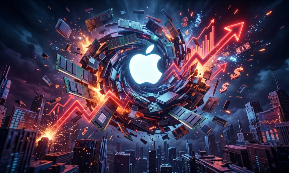 An abstract conceptual 3D render illustrating a technological maelstrom, with cascading RAM components swirling around a glowing Apple logo, while aggressive upward red graphs, arrows, and currency symbols explode with light, symbolizing the 'RAMpocalypse' price hikes.