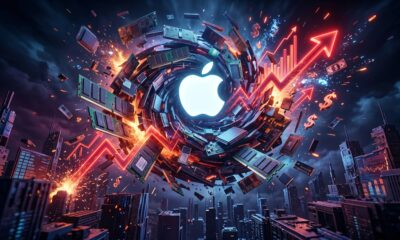 An abstract conceptual 3D render illustrating a technological maelstrom, with cascading RAM components swirling around a glowing Apple logo, while aggressive upward red graphs, arrows, and currency symbols explode with light, symbolizing the 'RAMpocalypse' price hikes.