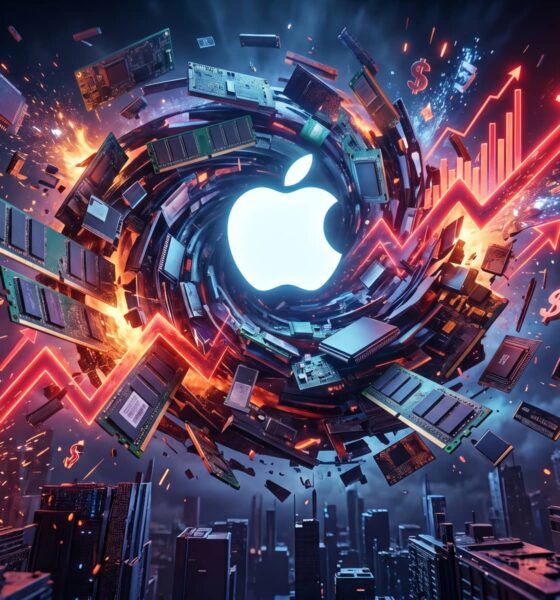 An abstract conceptual 3D render illustrating a technological maelstrom, with cascading RAM components swirling around a glowing Apple logo, while aggressive upward red graphs, arrows, and currency symbols explode with light, symbolizing the 'RAMpocalypse' price hikes.