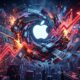 An abstract conceptual 3D render illustrating a technological maelstrom, with cascading RAM components swirling around a glowing Apple logo, while aggressive upward red graphs, arrows, and currency symbols explode with light, symbolizing the 'RAMpocalypse' price hikes.