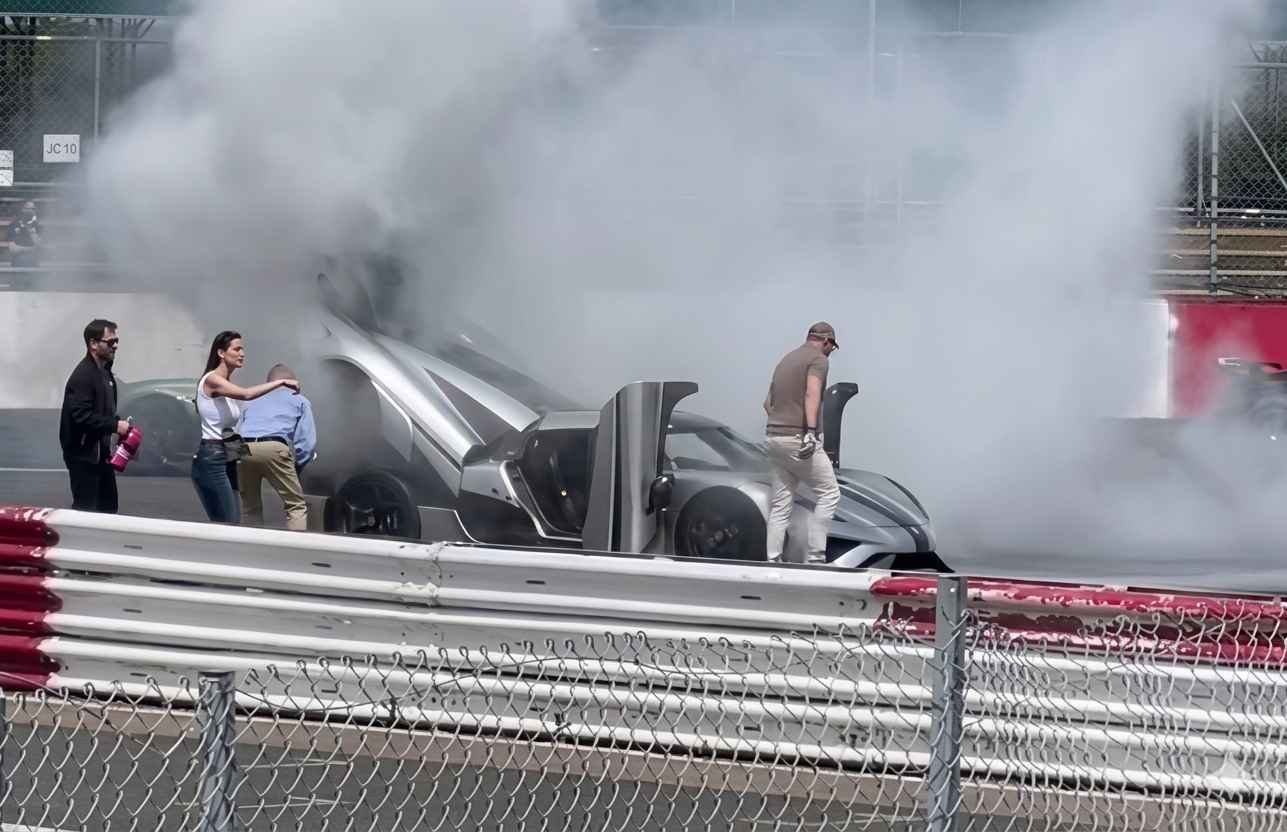 Koenigsegg Regera catches fire during the SCD Secret Meet at Silverstone