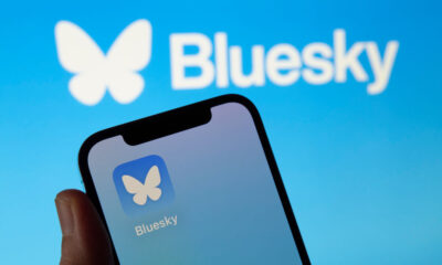 The image shows the icon of Bluesky, the new decentralized social network created by Twitter co-founder Jack Dorsey.