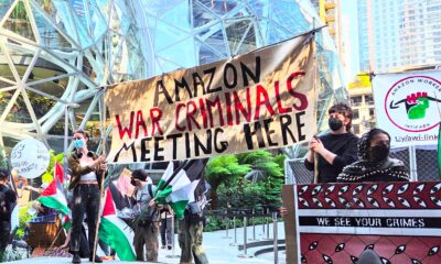 Worlds collide at Amazon Spheres as pro-Palestinian group protests cloud giant's Israel contracts – GeekWire