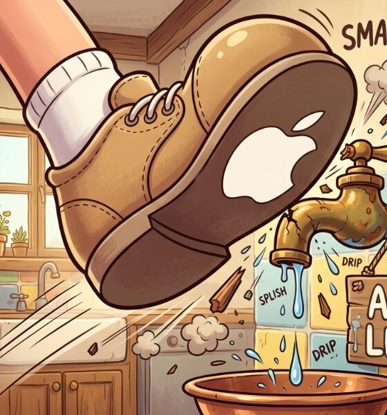 Animated image showing a large boot with an Apple logo on the sole stomping down on a faucet labelled "Apple Leaks."