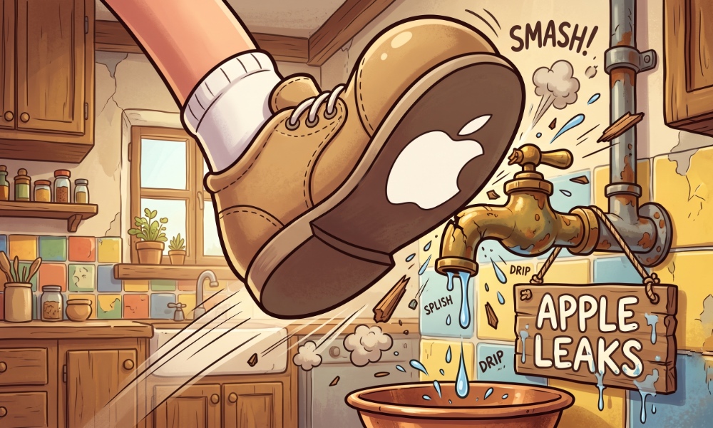 Animated image showing a large boot with an Apple logo on the sole stomping down on a faucet labelled "Apple Leaks."