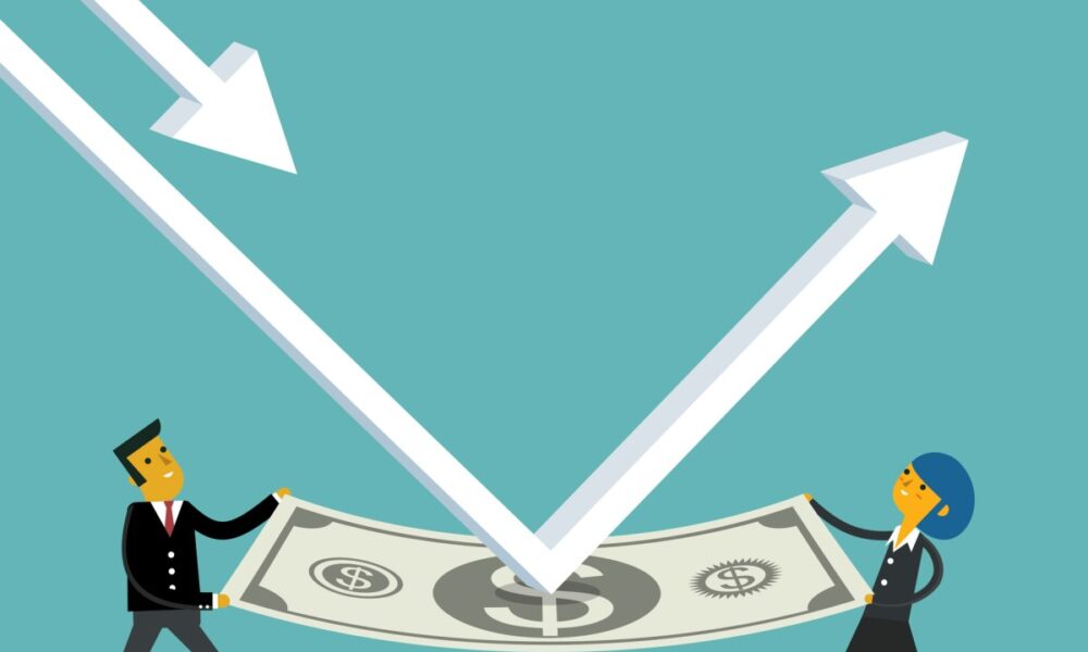 render of man and woman holding dollar bill, arrow deflecting off it