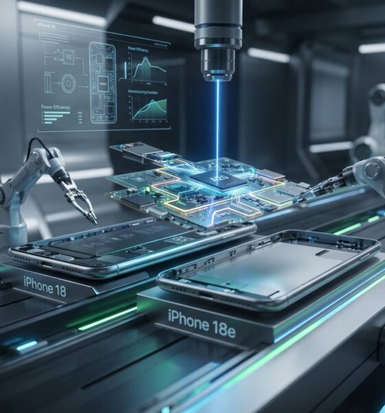 A high-tech, futuristic assembly line showing the iPhone 18 and iPhone 18e being manufactured side-by-side. Robotic arms and precision lasers are shown installing a unified logic board featuring the A20 chip into the sleek metallic chassis, with holographic data displays in the background.