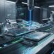A high-tech, futuristic assembly line showing the iPhone 18 and iPhone 18e being manufactured side-by-side. Robotic arms and precision lasers are shown installing a unified logic board featuring the A20 chip into the sleek metallic chassis, with holographic data displays in the background.