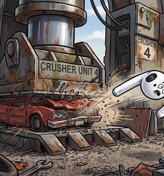 An animated picture of a pair of AirPods flying out of an industrial crusher.
