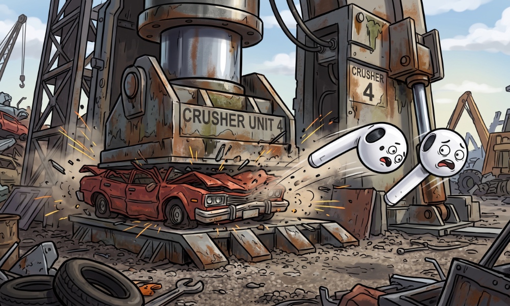 An animated picture of a pair of AirPods flying out of an industrial crusher.