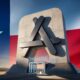 A dramatic, low-angle photograph of a massive concrete monolith shaped exactly like the App Store 'A' icon. The structure stands in a vast desert landscape against a backdrop of a flowing Texas state flag. At its base is a futuristic glowing checkpoint gate with a digital sign that reads "AGE VERIFICATION REQUIRED (18+)" and "SB2420 COMPLIANCE CHECKPOINT."