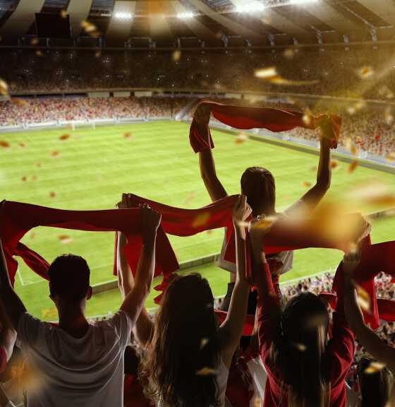 Fans holding up their flags at a football stadium