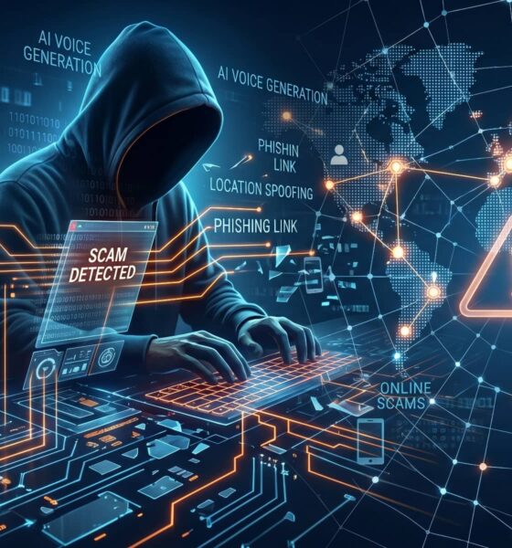 A conceptual digital illustration of a hooded hacker sitting at a glowing keyboard, surrounded by a dark blue and orange network grid showing a global map, a large warning triangle icon, and floating holographic text overlays that read "Scam Detected," "AI Voice Generation," and "Phishing Link."