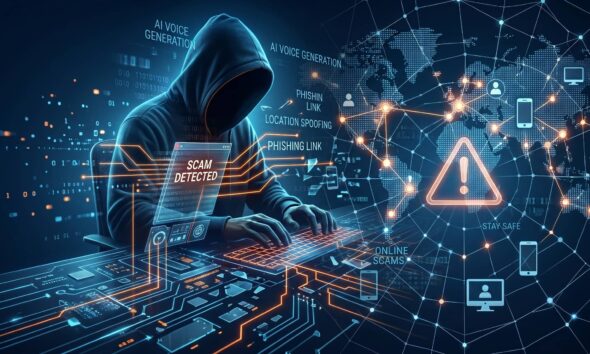 A conceptual digital illustration of a hooded hacker sitting at a glowing keyboard, surrounded by a dark blue and orange network grid showing a global map, a large warning triangle icon, and floating holographic text overlays that read "Scam Detected," "AI Voice Generation," and "Phishing Link."