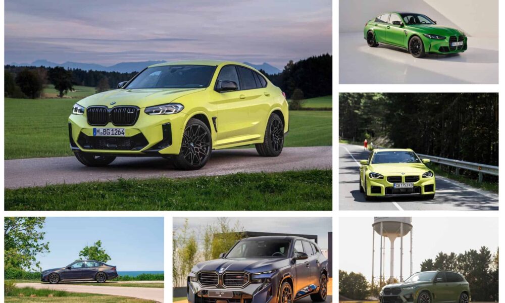 Lineup of BMW M models showcasing various body styles and colors, representing M Series depreciation comparison