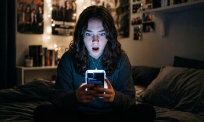 A teenager sitting on a bed in a darkened bedroom, looking down at an iPhone screen with a shocked expression, illustrating the real-world risks of unmoderated explicit content on minor-registered devices.