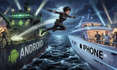 Animated action image of a heroic woman jumping between two ships labelled 'Android' and 'iPhone.'