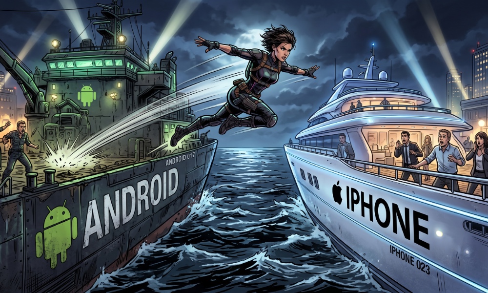 Animated action image of a heroic woman jumping between two ships labelled 'Android' and 'iPhone.'